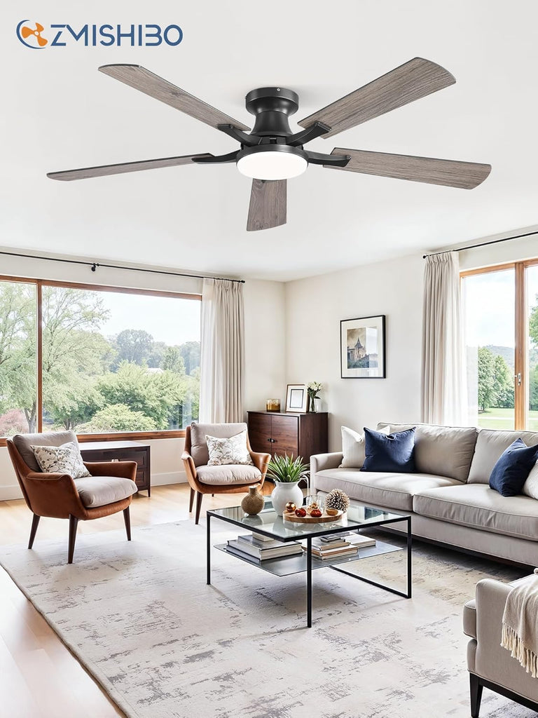 52 Inch Ceiling Fan with Light, App&Remote Control, Flush Mount Low Profile, Dimmable 20W LED Light, Quiet Reversible Motor for Bedroom, Living Room, Apartment, Black