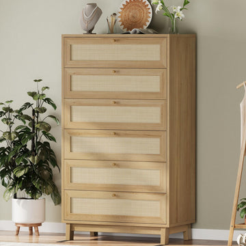 Rattan with 6 Drawer, Modern Double Wooden Tall Bedroom, Chest of Drawers with Metal Handle & Solid Wood Legs