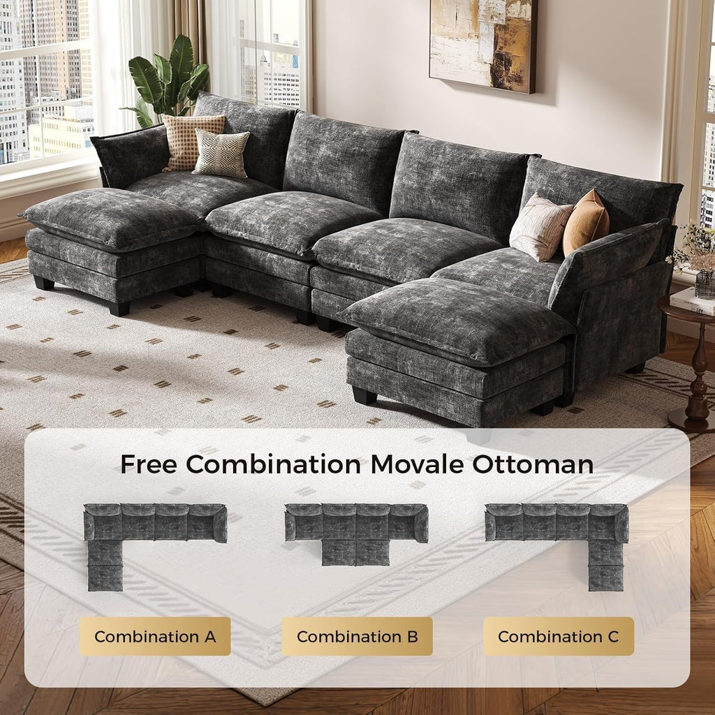 120" Modular Sectional Sofa for Living Room, U-Shaped 6 Seater Convertible L-Shaped Cloud Couch with Ottoman