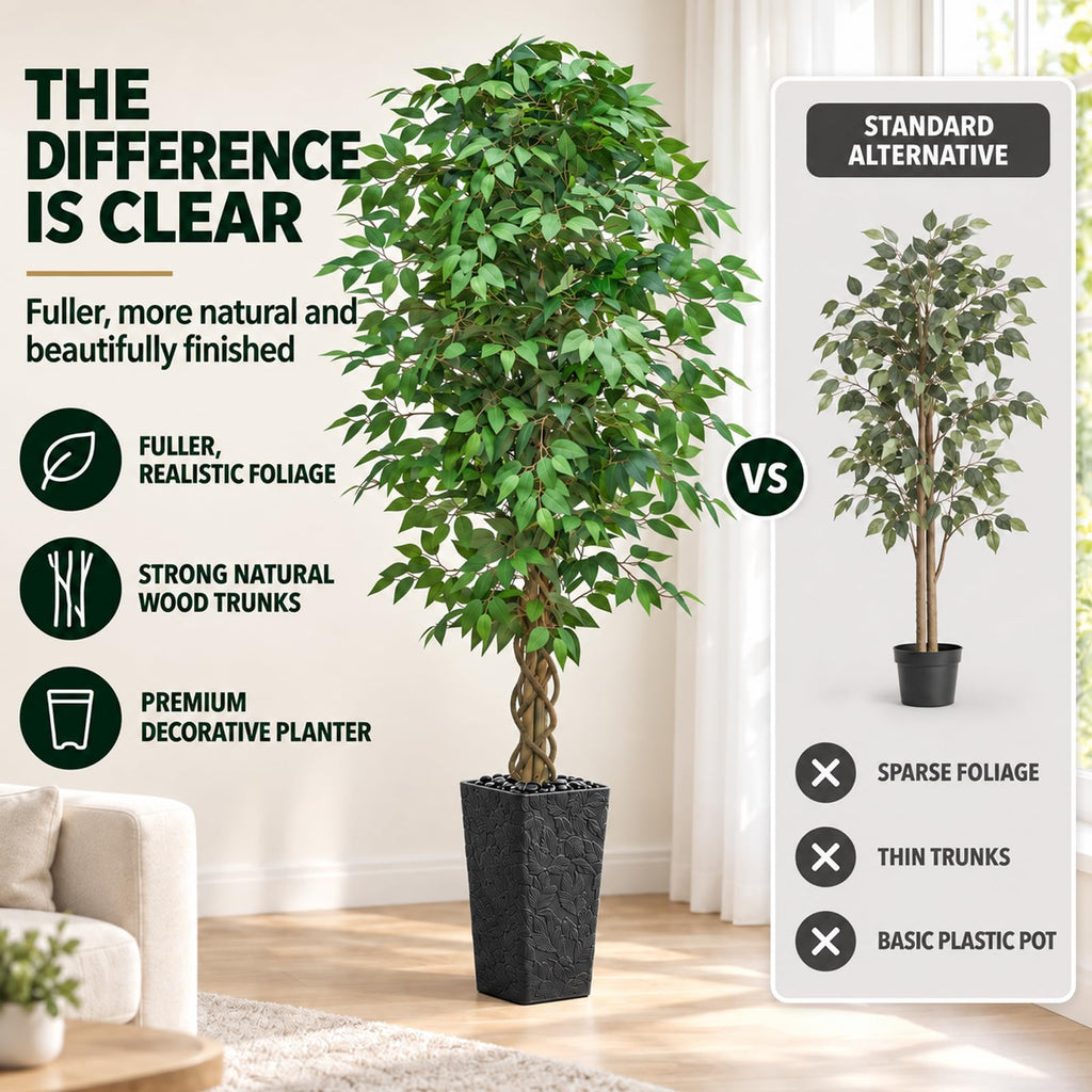 Artificial Ficus Tree 7FT, Large Fake Tree Decor (Black Planter)