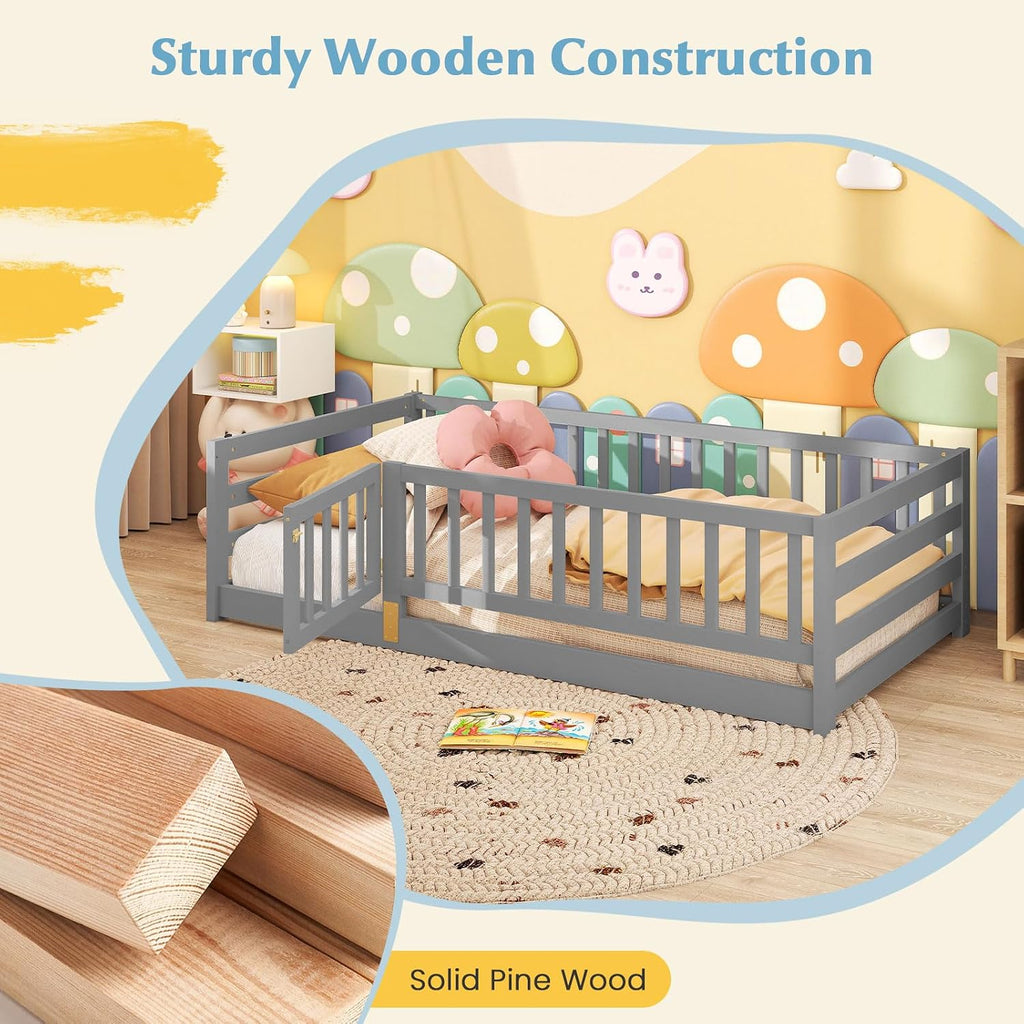 Twin Floor Bed with High Fence & Door, Montessori Floor Bed with 21.5" Safety Guardrails, Solid Wood Twin Beds Frame