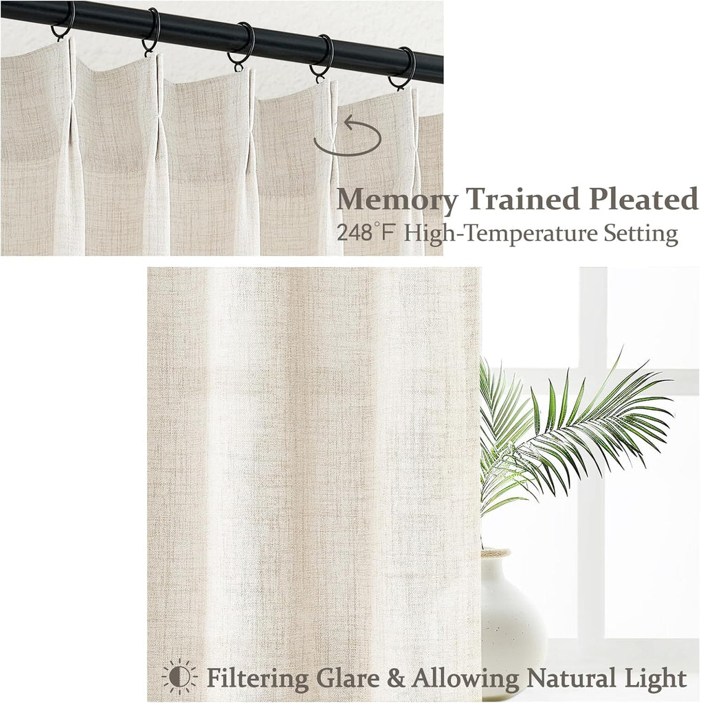 Pinch Pleated Linen Curtains for Living Room Bedroom, Light Filtering Boho Window Drape 2