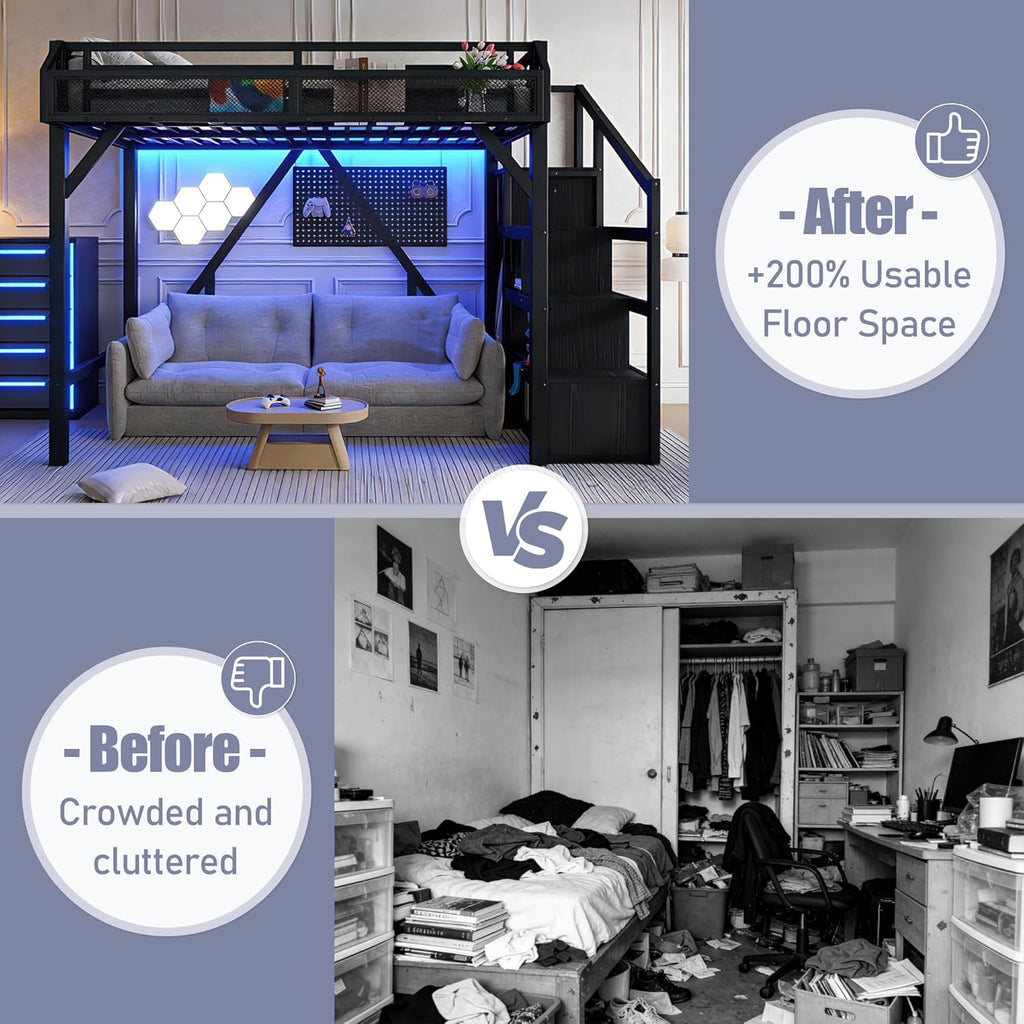 Queen Loft Bed Frame with Storage Stairs, Beside Shelf & Wardrobe, Metal Queen Loft Bed with LED Light & USB Ports