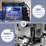 Queen Loft Bed Frame with Storage Stairs, Beside Shelf & Wardrobe, Metal Queen Loft Bed with LED Light & USB Ports