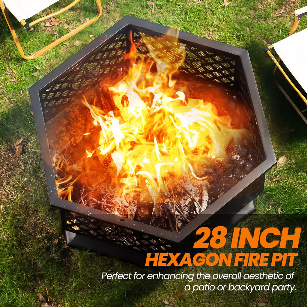 28 Inch Hexagonal Fire Pit with Spark Screen&Fire Poker Black
