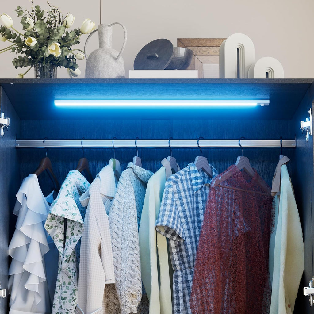 Armoire Wardrobe Closet with Glass Door and Drawers, Bedroom Closet Wardrobe Cabinet with Hanging Rod, Lighted