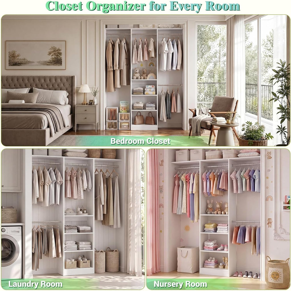 48" Closet Organizer System, 4FT Closet System for Small Closets with 4 Hanging Rods & 3 Shelves, 80"H Small Closet