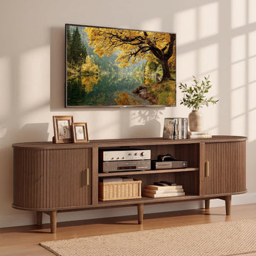 TV Stand for 80-Inch TVs, Mid Century Entertainment Center with Storage, Fluted Sliding Doors, Media Console Table