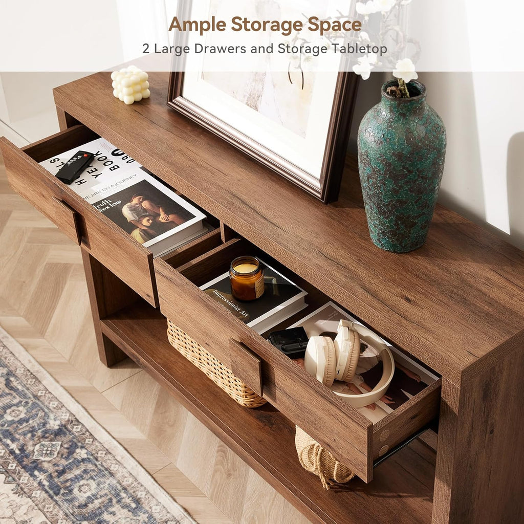 Console Table with Drawers, 40 Inch Narrow Entryway Table with Open Storage Shelves, Mid Century Modern Hallway