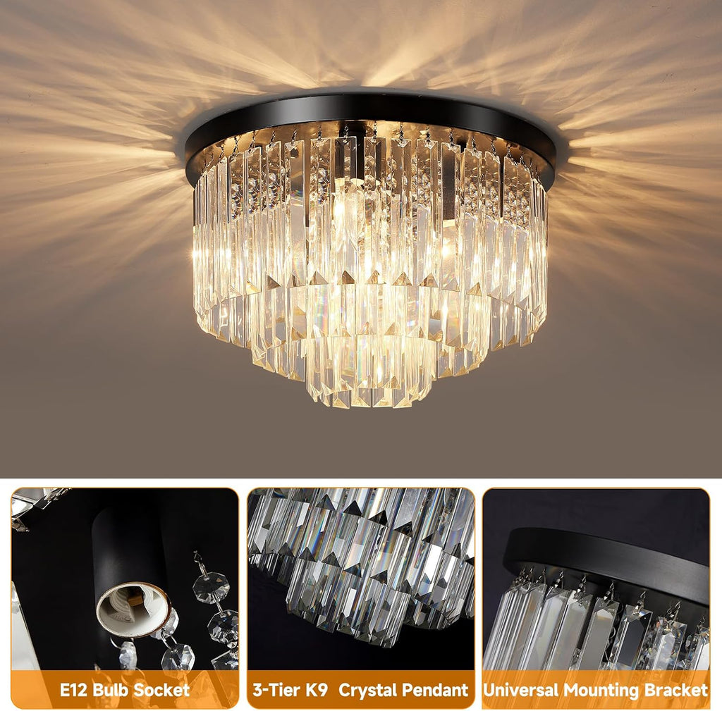 16" Black Crystal Chandelier Ceiling Light, Flush Mount 5-Lights 3-Tier K9 Crystal Round Chandelier Light for Dining