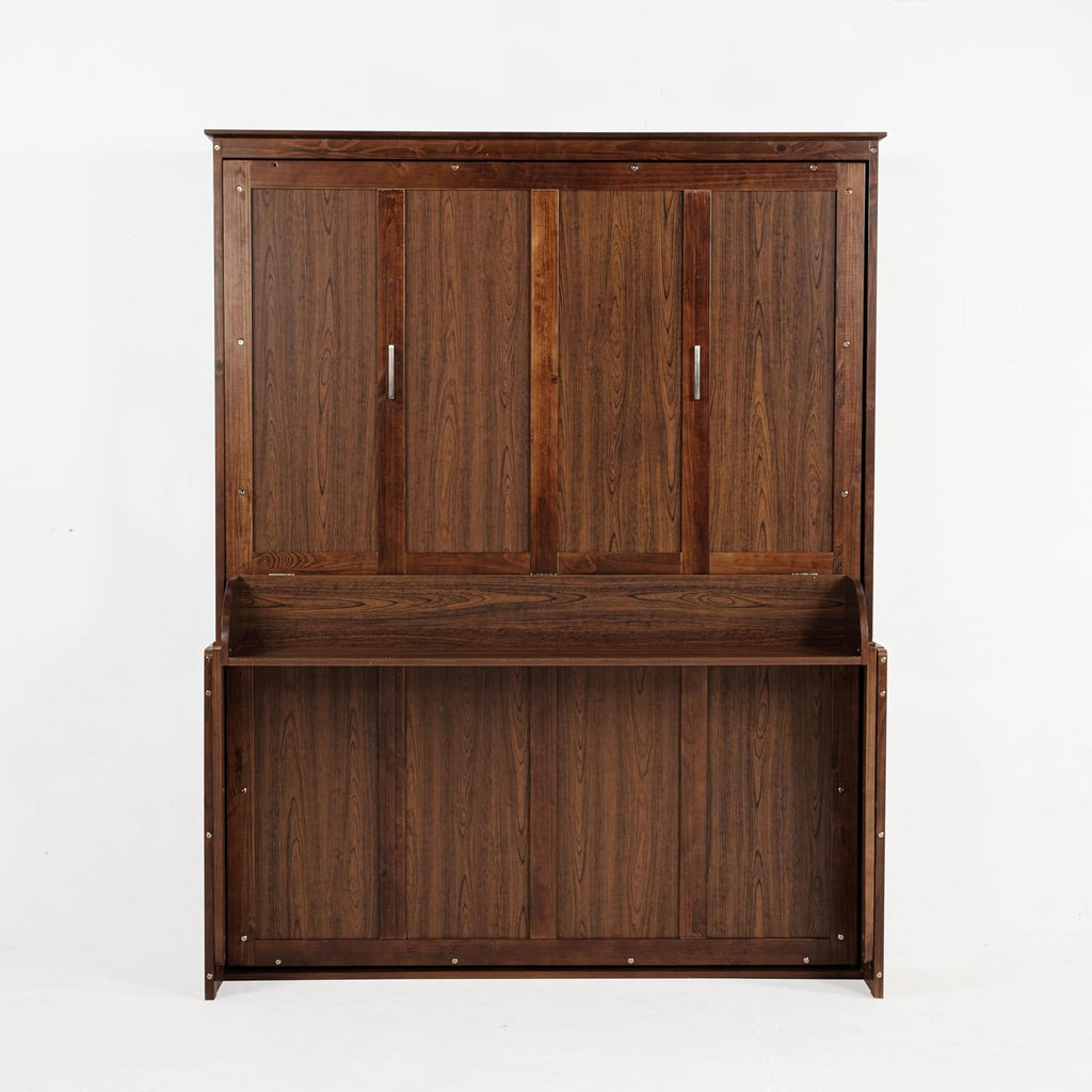 Queen Murphy Bed with Desk, Wood Wall Bed with Gas Struts, Space Saving Foldable Murphy Bed for Small Spaces, Guest