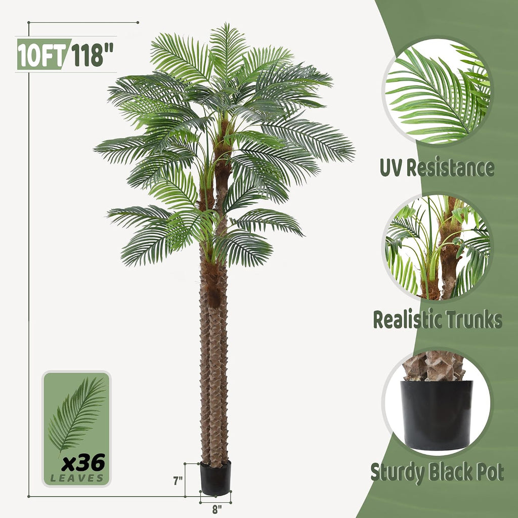 Artificial Triple Phoenix Palm Tree 10FT with 36 Leaves & Real Bark Tropical Coconut Areca Sago Palm Tall Large Faux