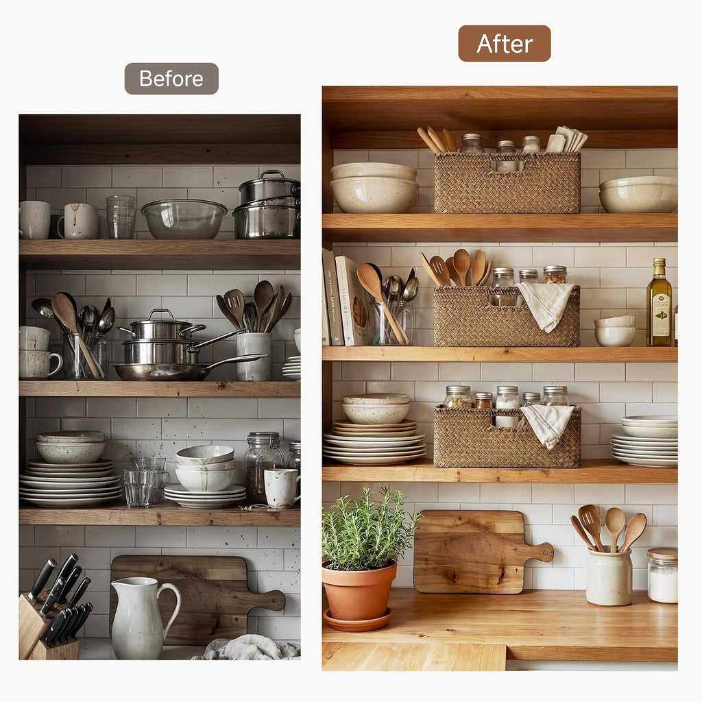 Large Wicker Baskets for Storage, Woven Baskets for Storage | Seagrass, Pantry Shelves, Kitchen Closet, Laundry