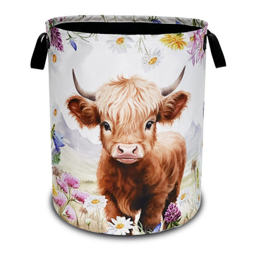 Highland Cow Laundry Basket Oxford Cloth Animal Flowers Laundry Hamper