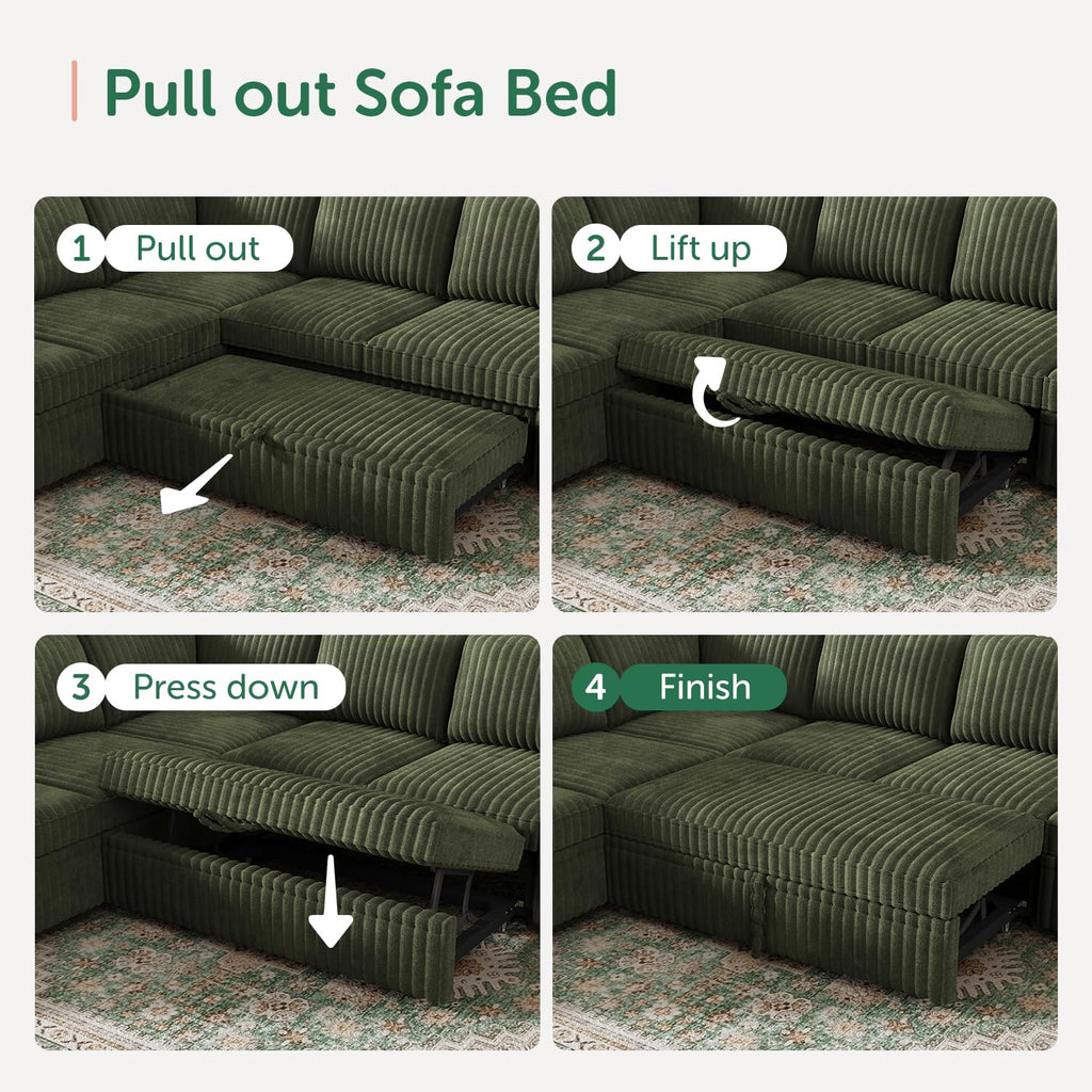 Corduroy L Shaped Sectional Sleeper Sofa with Pull Out Bed, Green