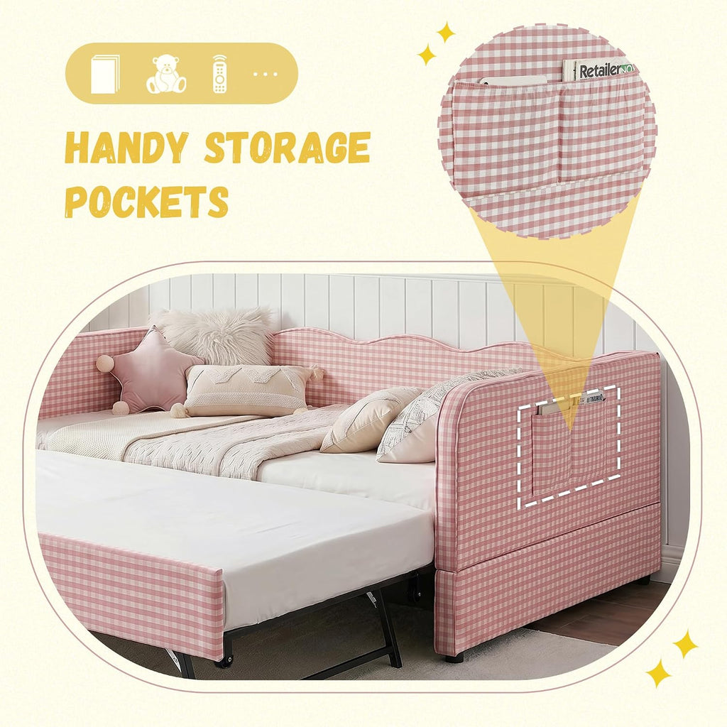 Full Size Gingham Day Bed with Trundle and Storage Pockets | Upholstered Daybed Living Room Guest Room-Pink