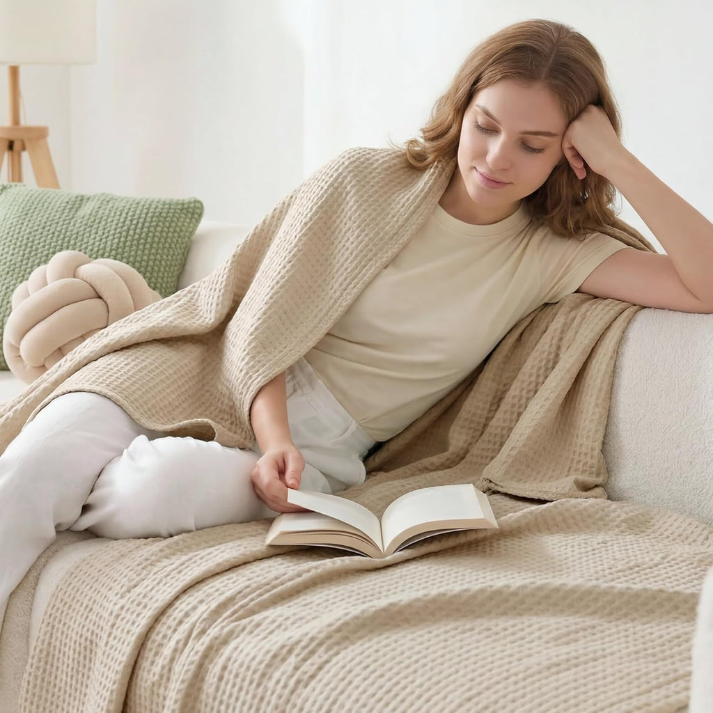 Waffle Cooling Throw Blanket, Lightweight Breathable Summer Blanket for Hot Sleepers and Night Sweat, Khaki