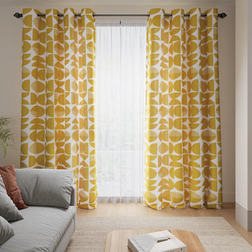 Yellow Mid Century Modern Patterned Curtains 84 Inches Long 2 Panels Set MCM Drapes, Geometric Light Filtering
