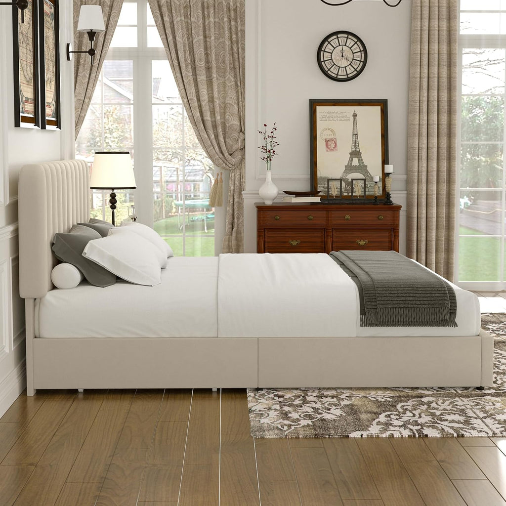 Queen Upholstered Bed Frame with 4 Drawers and Headboard, Velvet Platform Storage Bedframe, Wooden Slats Support