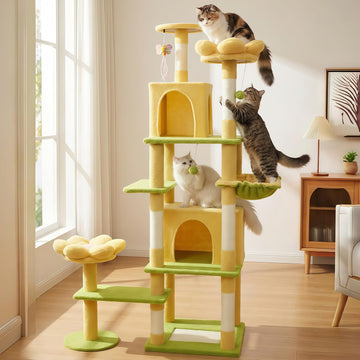 Flower Cat Tree 71 Inches, Large Cat Tower with 2 Detachable Flower Cushions and 2 Hiding Condo, Tall and Big Cat Tree