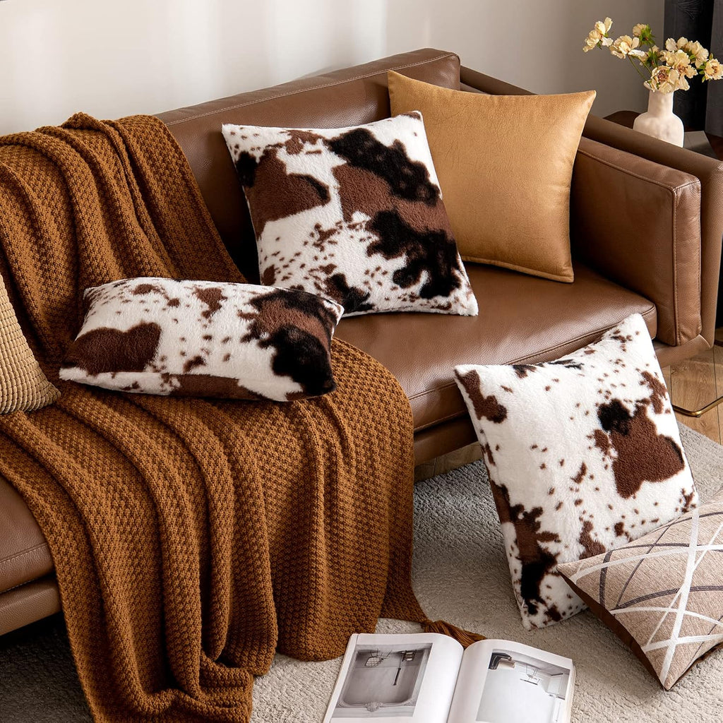 Pack of 2 Luxury Faux Fur Throw Pillow Covers Cowhide Decorative Soft Fluffy Plush Couch Throws Brindle Cushion Covers