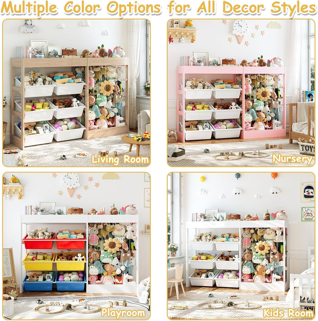 50.6"W x 39.4"H Kids Toy Organizer with Stuffed Animal Storage, Wooden | Kids Storage with 153L Stuffed Animal Zoo, 6