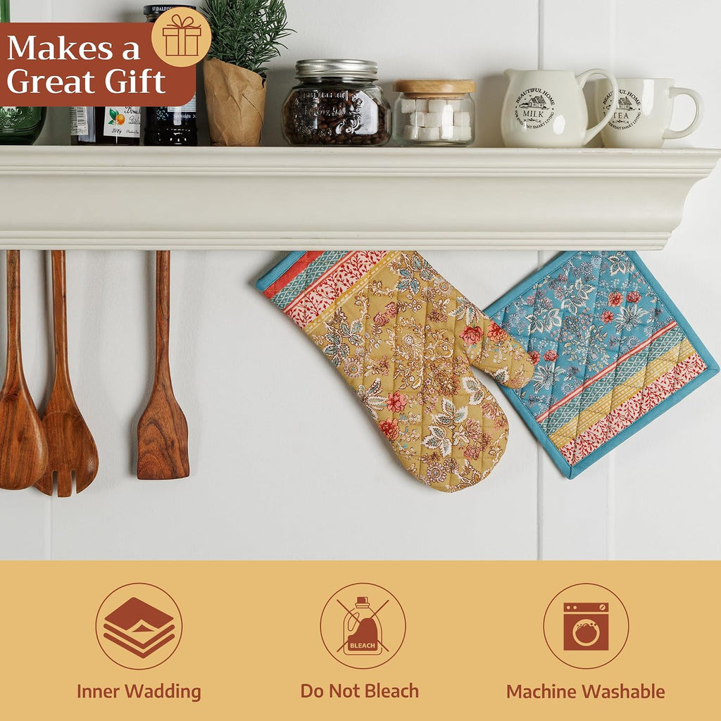 100% Cotton Oven Mitt & Pot Holder Set (7.5"x13" & 8"x8") | Heat Resistant BBQ Cooking Gloves with Loop Baking