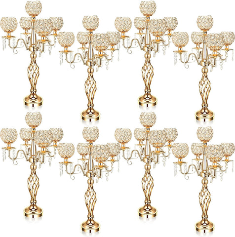 8 Pcs 5 Arm Crystal Candelabra Centerpieces for Table 27 Inch Retro Victorian Crystal Candle Holders Bowl Table