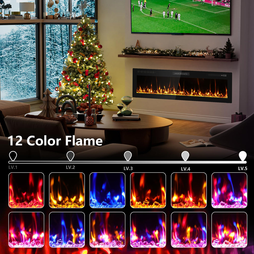 60" Ultra Thin Electric Fireplace Wall Mounted, Slim Fireplace Insert, Wall Fireplace /Bedroom w/Touch Screen, Remote