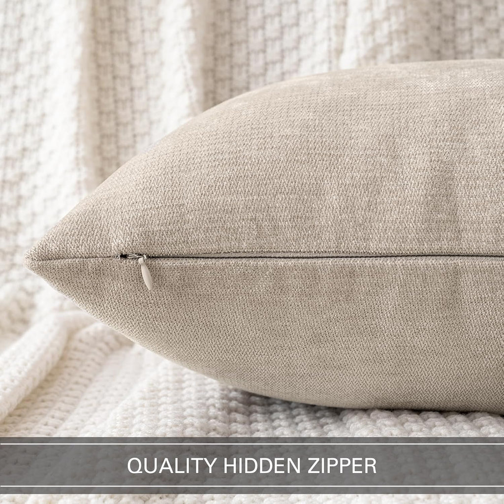 Pack of 2 Beige Decorative Pillow Covers 18x18 Inch Soft Chenille Couch Throw Pillows Farmhouse Cushion Covers