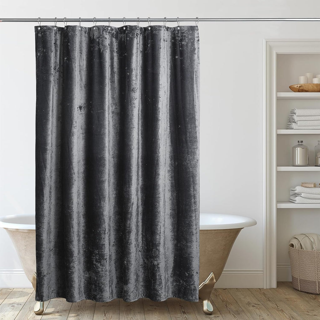 Crushed Velvet Shower Curtain, Grey, 72" x 72" | Coordinating Nickle Grommets and Hooks, Machine Washable, Water