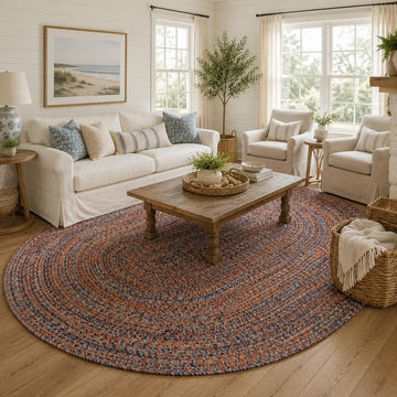 Canterbury Red & Blue Braided Rug, 8' x 10' Oval, Indoor/Outdoor Reversible Farmhouse Area Rug , or Patio
