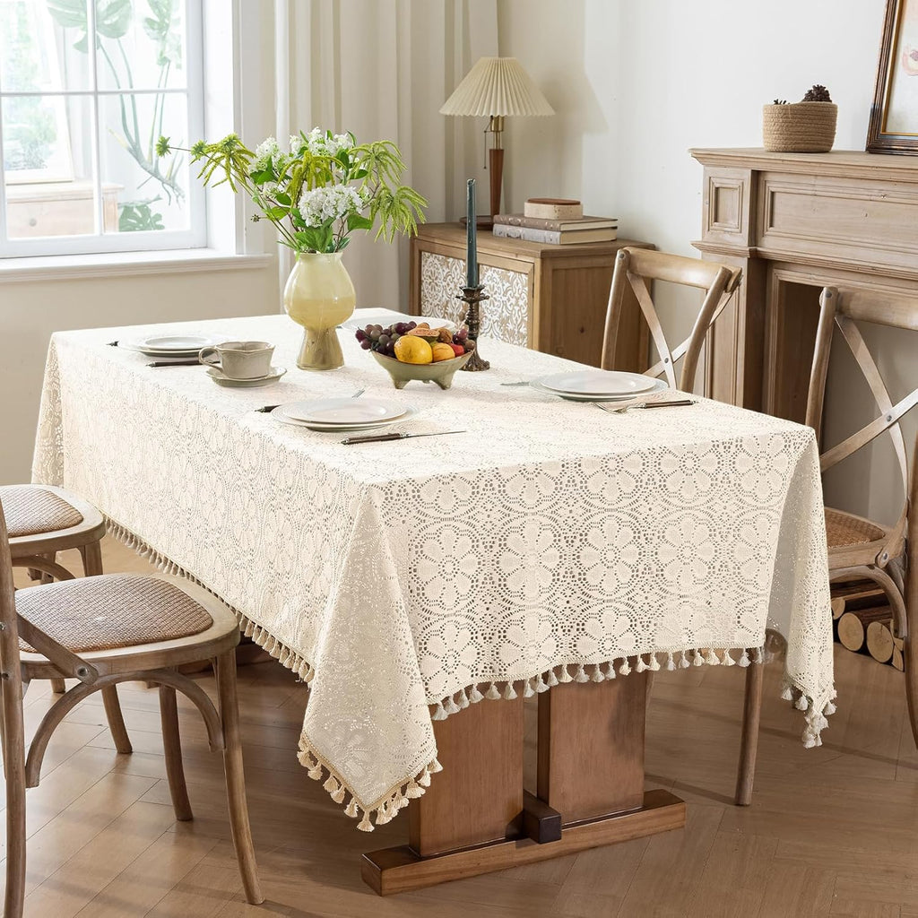 Boho Crochet Tablecloth Rectangle 60 x 84 Inch Beige Farmhouse Handmade Embroidered Cotton Lace Tabl
