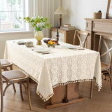 Boho Crochet Tablecloth Rectangle 60 x 84 Inch Beige Farmhouse Handmade Embroidered Cotton Lace Tabl