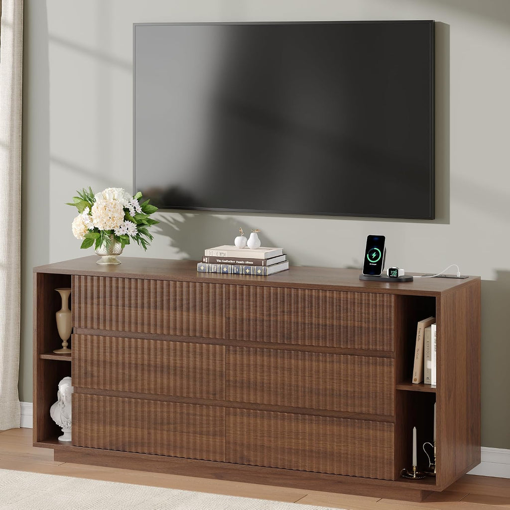 63 Inch Fluted 6 Drawers Dresser with Shelves, Walnut | Large Chest of Drawers , Mid Century Modern, Wood Closet