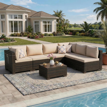 7 Pieces Outdoor Patio Furniture Sets,Rattan Conversation Sectional Set,Manual Weaving Wicker Patio Sofa with Tea