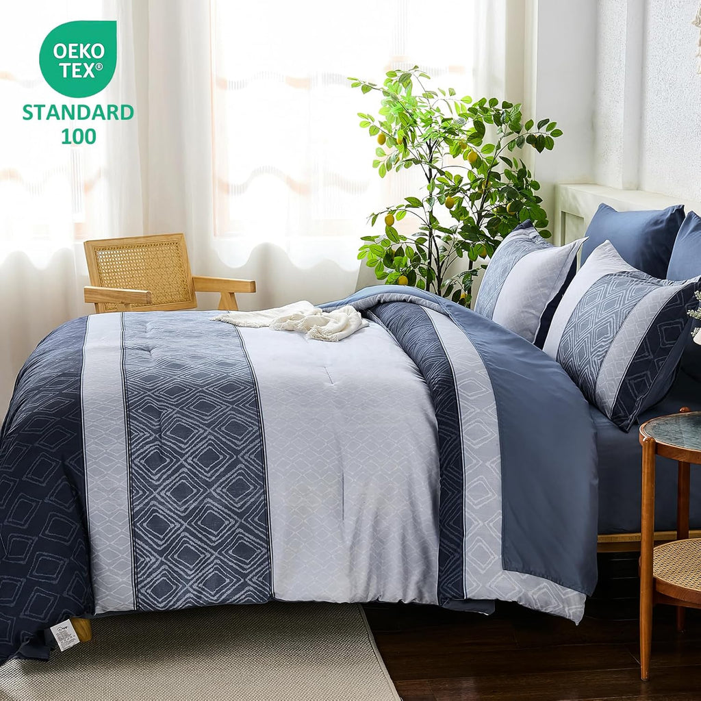 Blue Comforter Set,Striped Boho Bed in a Bag 7 Pieces Soft Fall Bedding Comforters Microfiber Mineral
