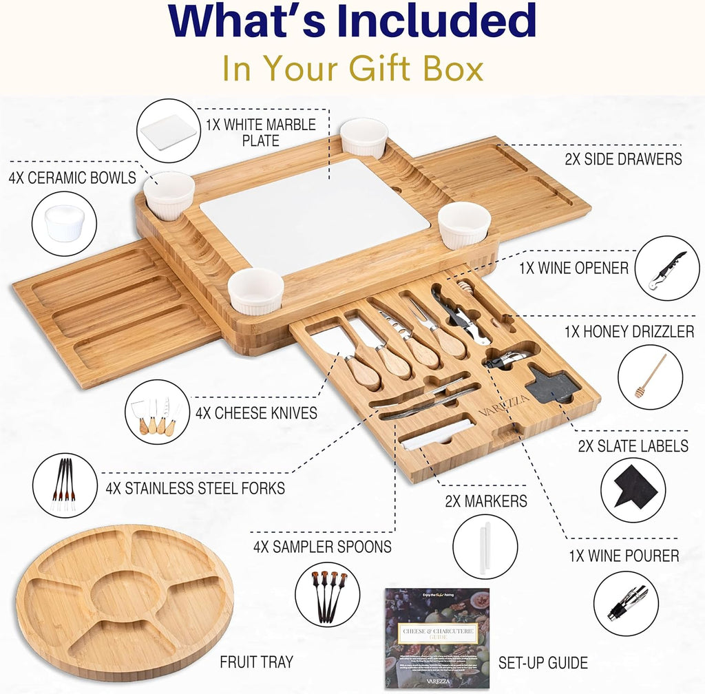 Extra Large Charcuterie Boards Gift Set: Marble Bamboo Cheese Board Set- Unique for Mom, 23 Entertaining Accessories