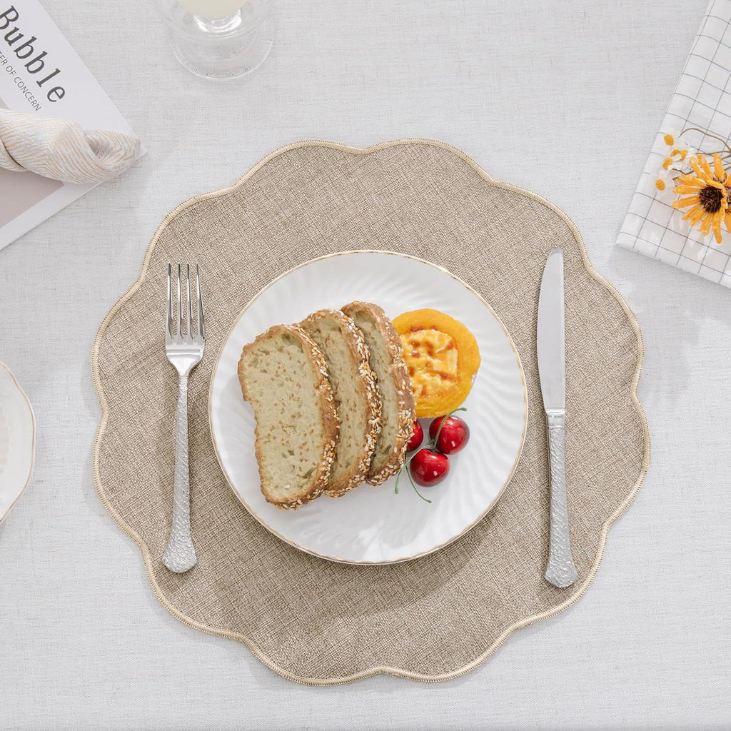 Scalloped Round Placemats Polyester Linen Blend 15 inch Washable Non Slip Place Mats Easy Clean Heat - Set of 6