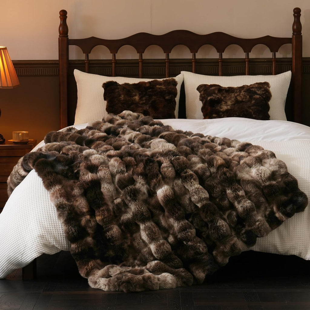 Fluffy Faux Fur Throw Blanket, Soft Plush Thick Cozy Fuzzy Luxury Minky Bubble Blanket, Tie-dye Coffee, 60" x 80"