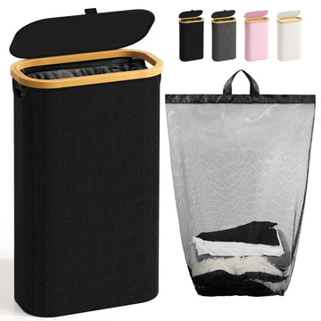 Slim Laundry Hamper with Lid, 75L Small Laundry Basket, Black