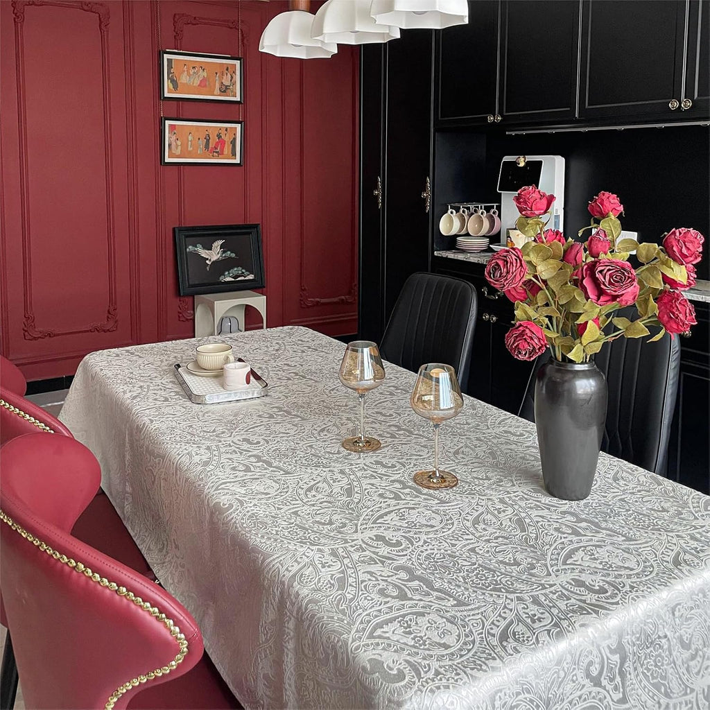 Jacquard Rectangle Tablecloth, Floral Design Thick Kitchen Dining Table Cloth, Waterproof Wrinkle Free Decorative