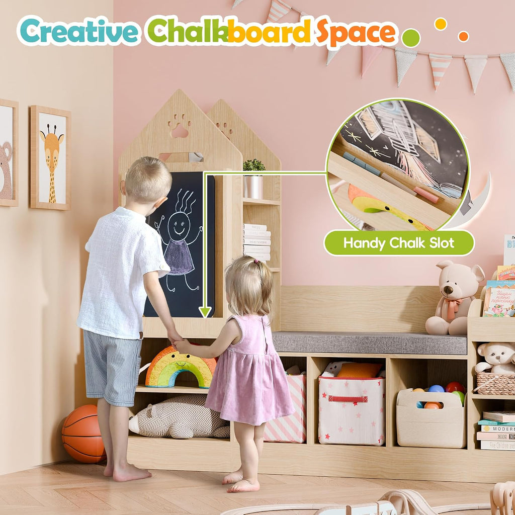 Kids Bookshelf with Reading Nook, Wooden Toy Storage Organizer with Chalkboard and Bench, Kids Reading Nook for
