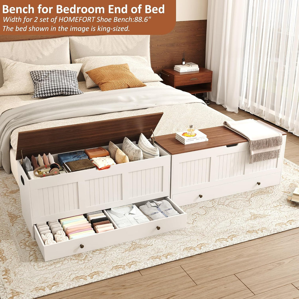 44.3" Storage Chest with 2 Drawers, Retro Wooden Storage Trunk with 2 Safety Hinges,Large Shoe Bench with Storage