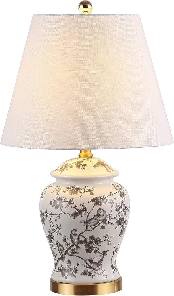 22" Gray/White Ceramic Table Lamp, French Country Chinoiserie Ginger Jar LED Bedside Lamp Bedroom