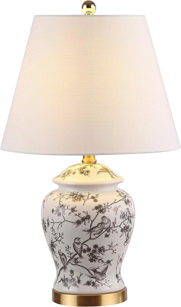 22" Gray/White Ceramic Table Lamp, French Country Chinoiserie Ginger Jar LED Bedside Lamp Bedroom
