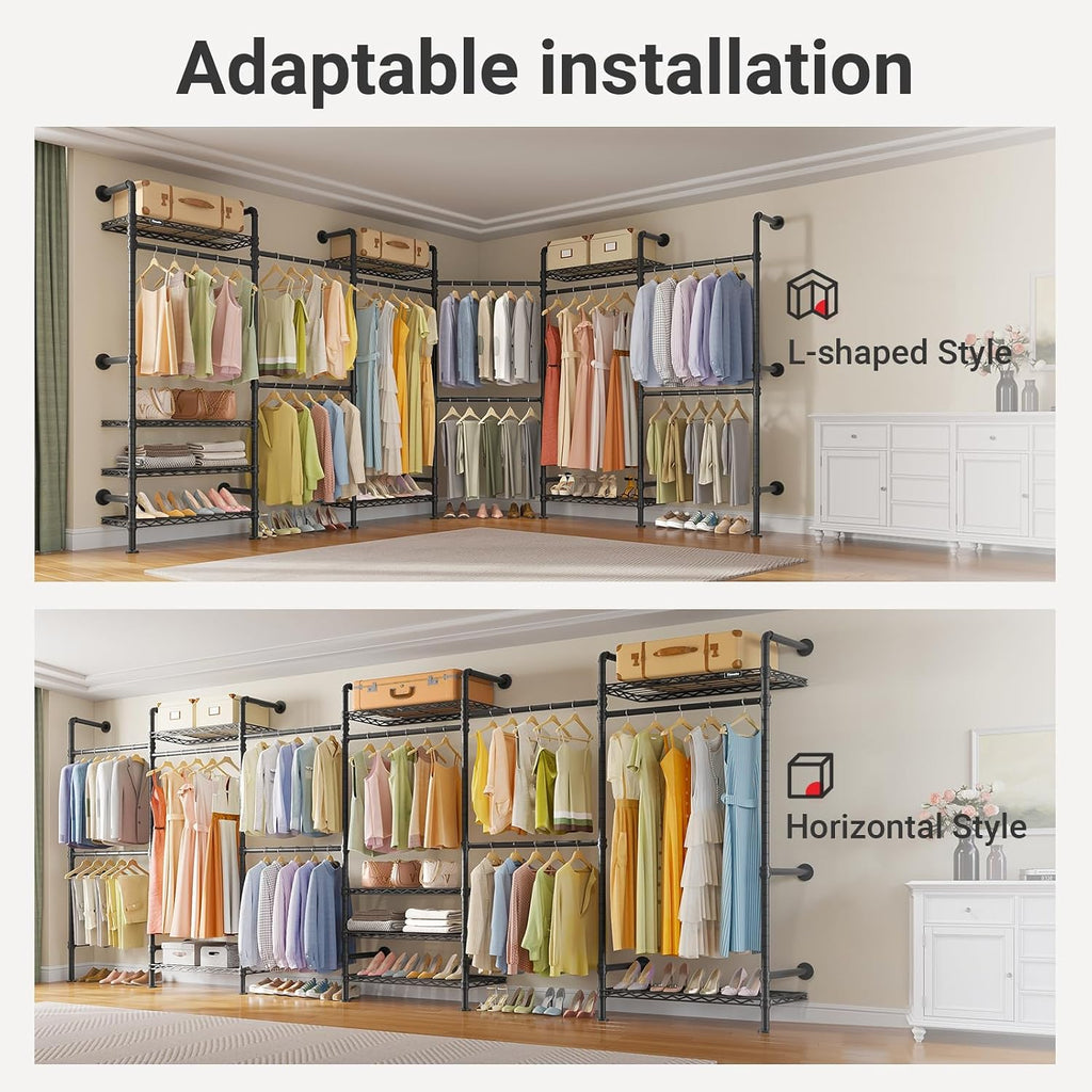 L6 Closet Rack Wall Mount for Corner - Expandable Industrial Pipe Closet , Heavy Duty Hanging Garment Rack, Closet
