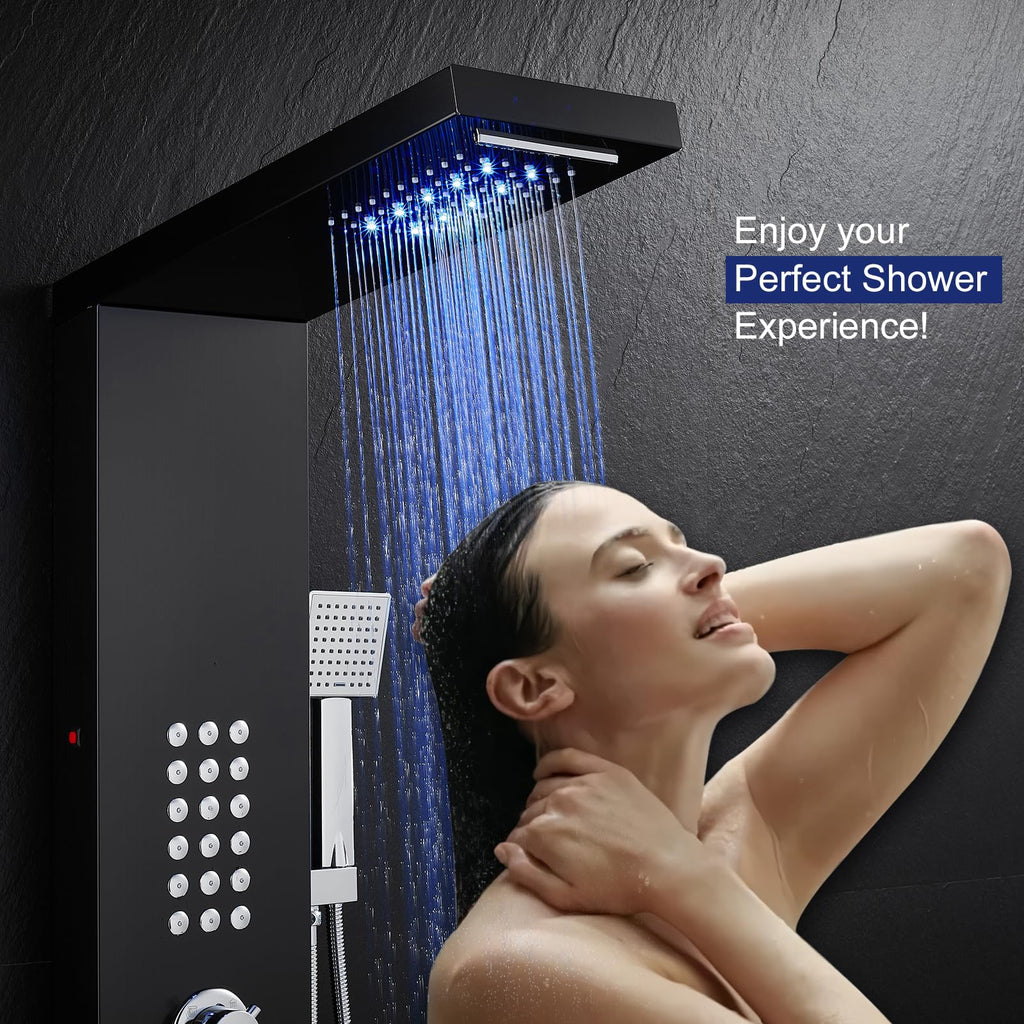 5 in 1 LED Rainfall Waterfall Shower Panel Tower System, Black