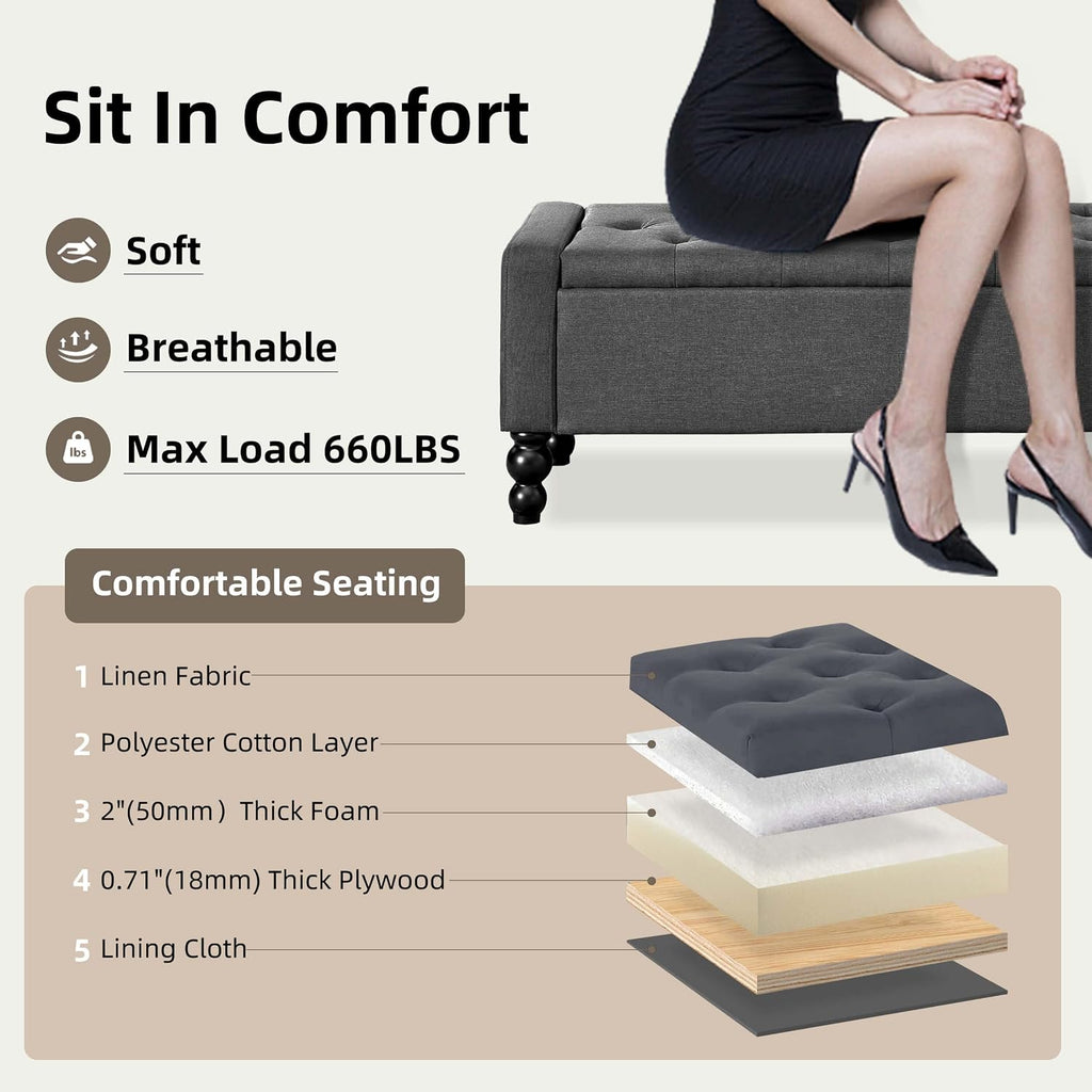 50" W Storage Ottoman Bench with Safety Hinge, Load up to 660 lb Ottoman with Storage, Upholstered Tufted Entryway