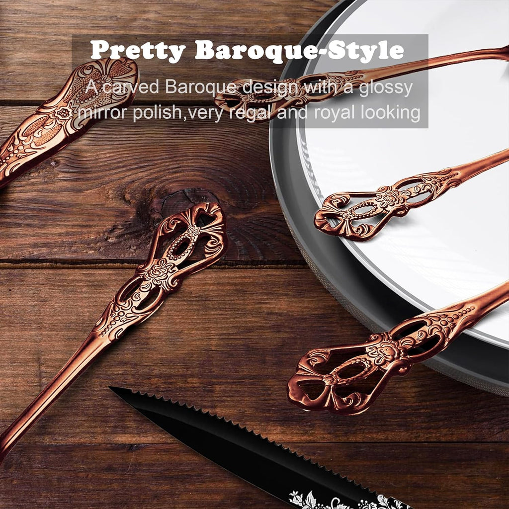 Retro Royal Rose Gold/Copper 48 Pieces Flatware Set, Gorgeous Silverware Set For 8